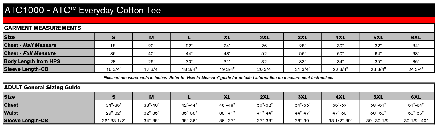 ATC1000 SIZE CHART
