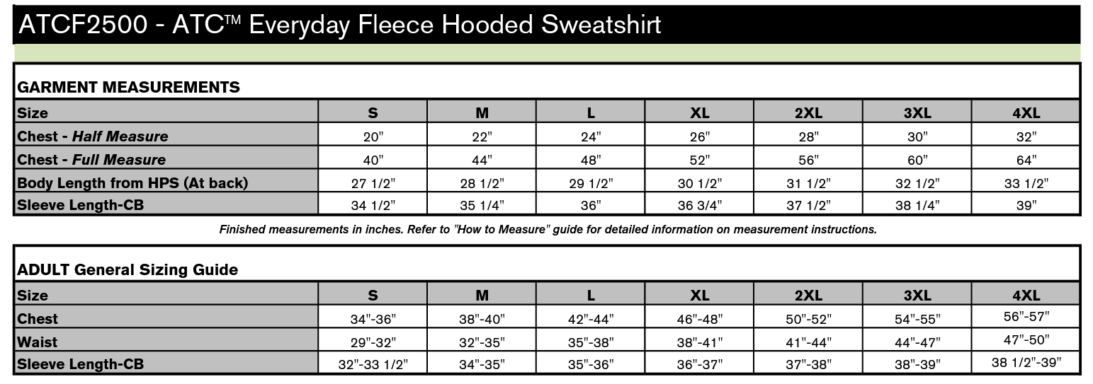 ATCF2500 SIZE CHART
